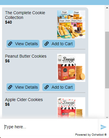 screenshot of ochatbot showing different cookie options a customer could add to their cart.